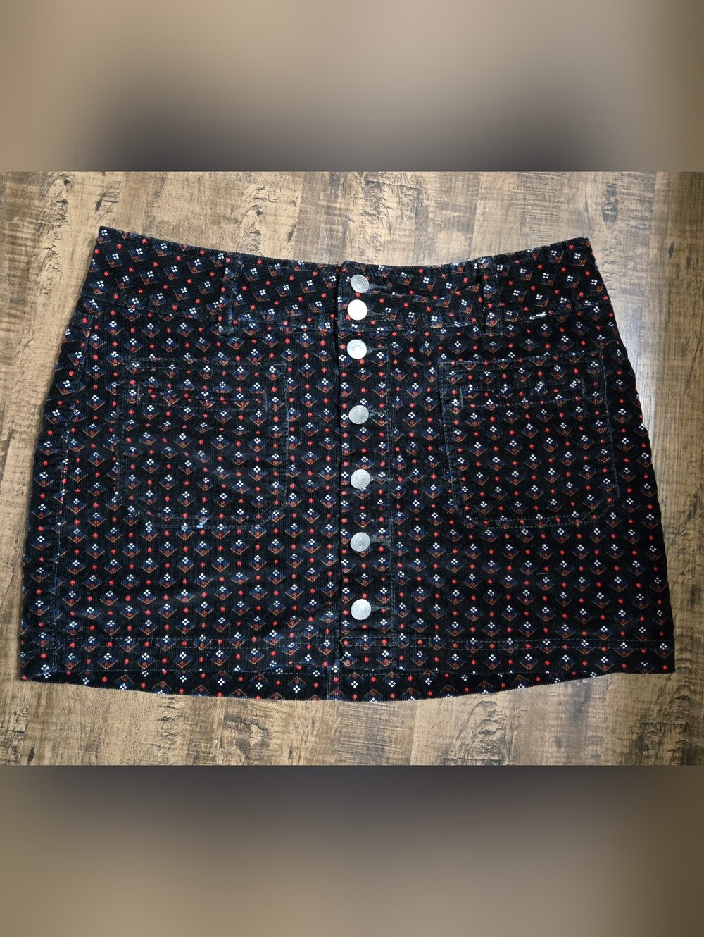 We The Free Black Corduroy Mini Skirt with Red & Blue Pattern Size 31 - Picture 2 of 8